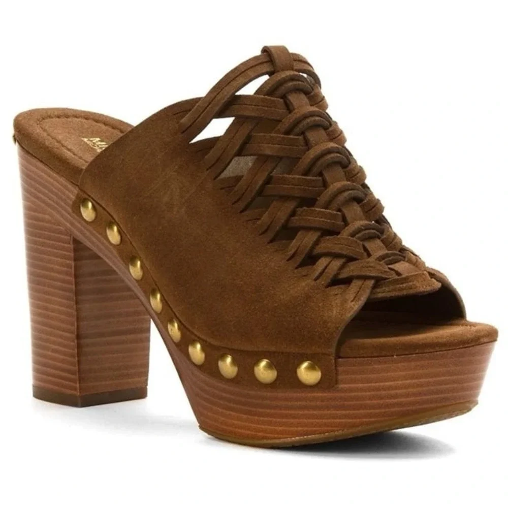 Michael Kors Brown Suede Woven Platform Mules Studded Block Heel 8M 38.5